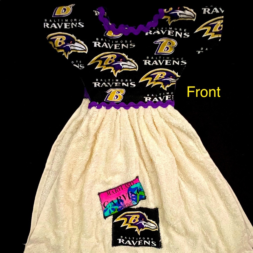 Baltimore Ravens theme on this dress shaped hand towel.